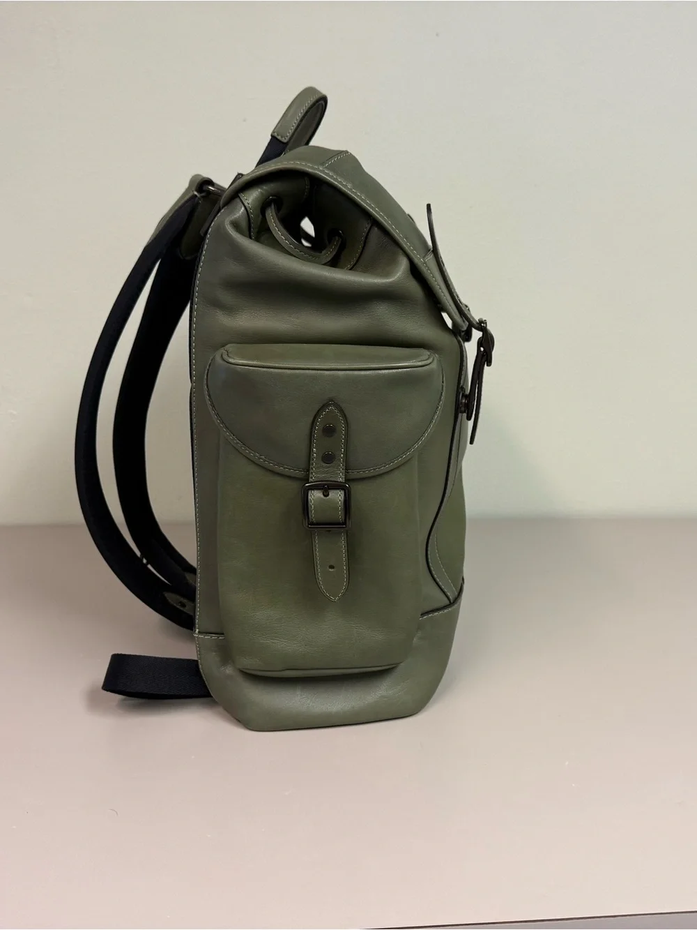 Coach Olive Green Leather Men's Backpack with Buckle Flap